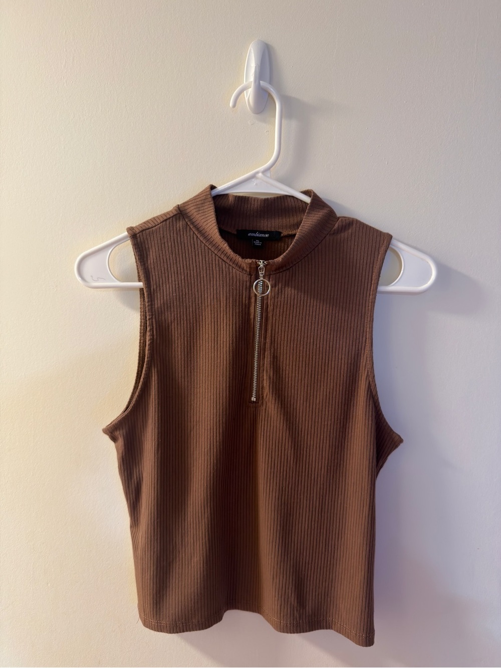 Ambiance Brown Ribbed Mock-Neck Sleeveless Tank with Ring Zip